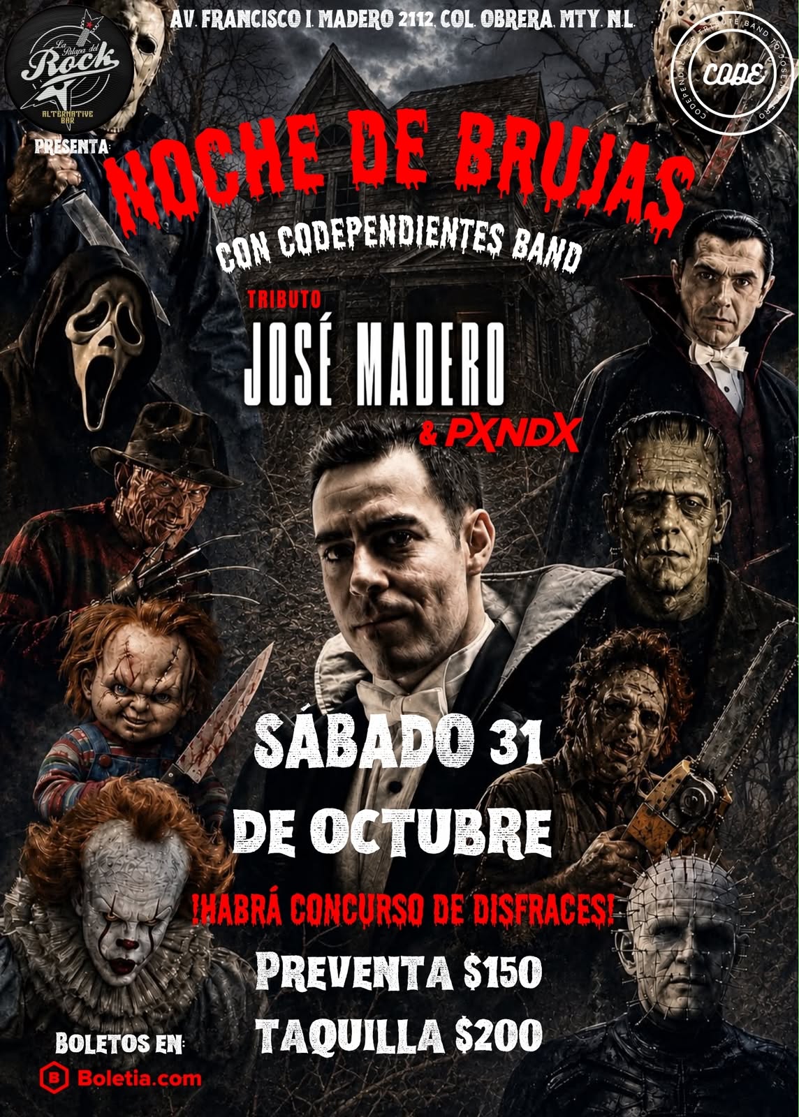 Flyer de Tributo A José Madero y PXNDX  Noche de brujas con Code Band